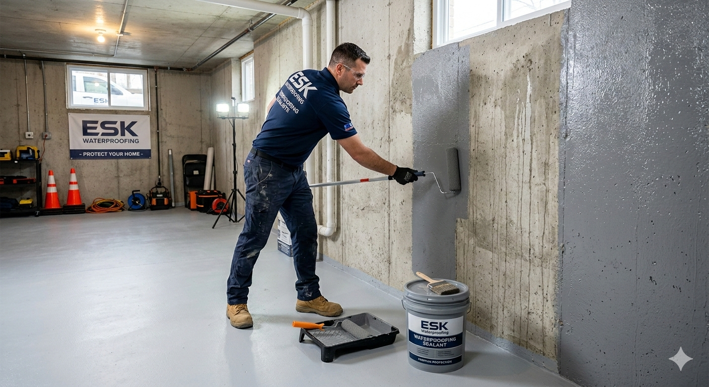 Basement waterproofing work in progress by ESK Waterproofing